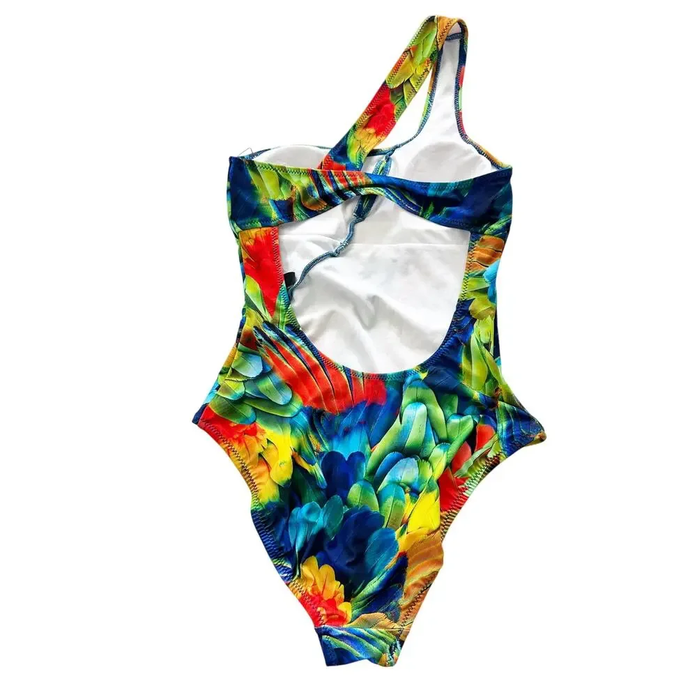ABS by Allen Schwartz Tropical Parrot Print One Shoulder‎ One Piece Swimsuit 4